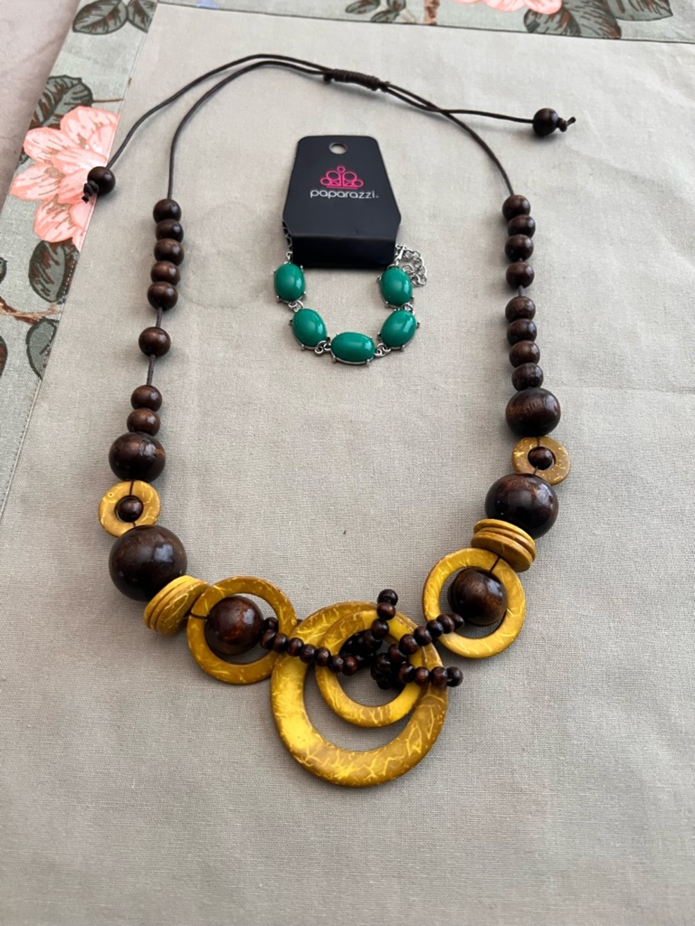 paparazzi Gold & Brown Boho Ring Pendant Necklace
